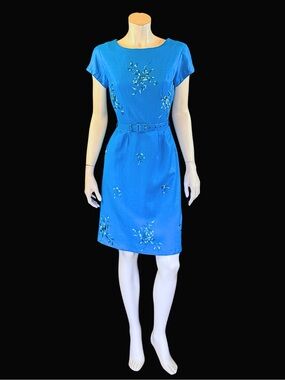 1960s PEACOCK Blue Floral Wiggle Dress | Belted Sheath Dress XS S